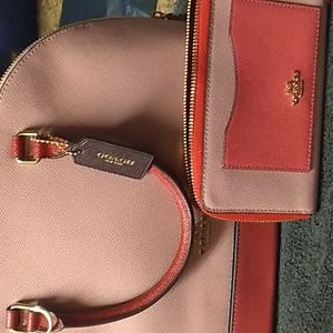 Lg Coach Satchel and Wallet, dark pink and light pink color block
